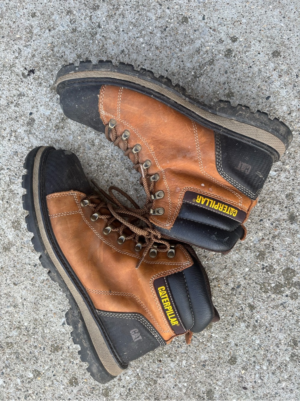 Caterpillar Two-Tone Brown and Black Work Boots Steel toe.